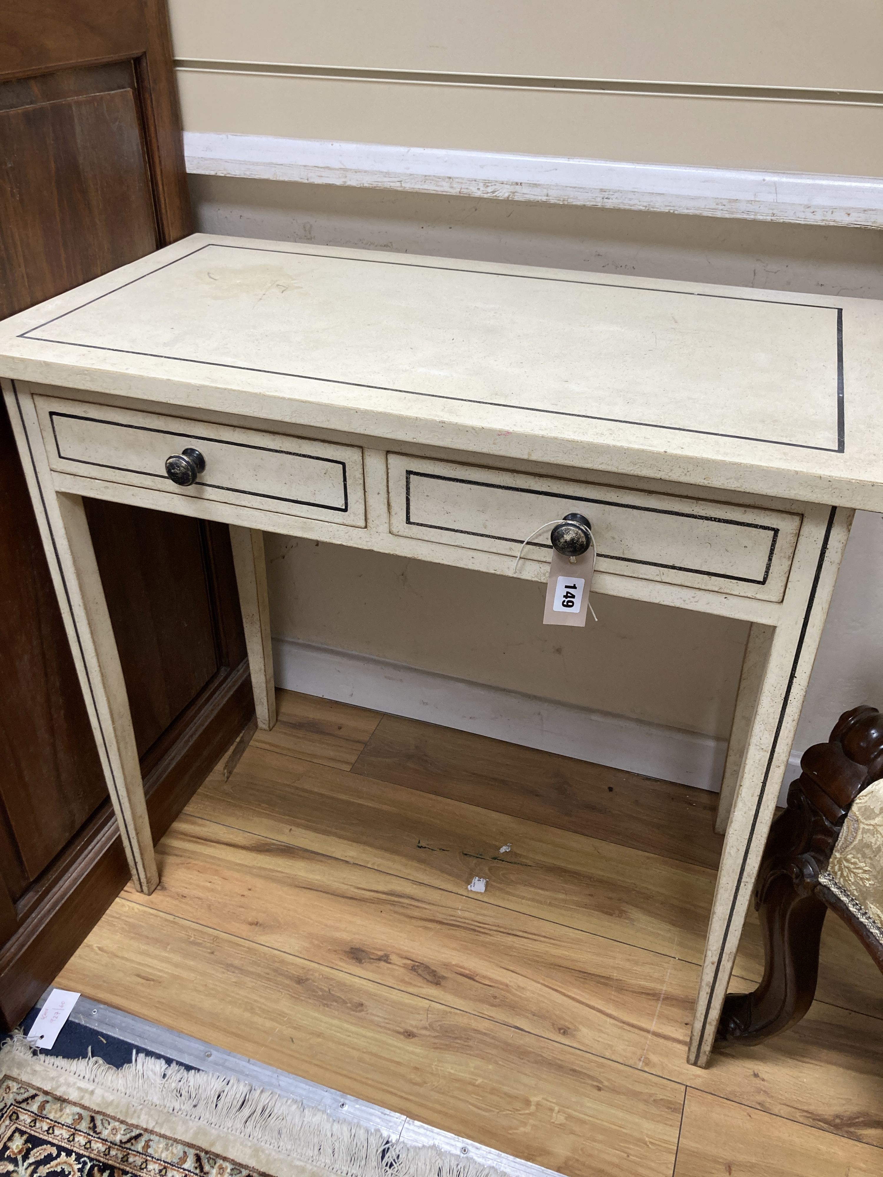 A George III style painted two drawer side table. W-80, D-43, H-76cm.